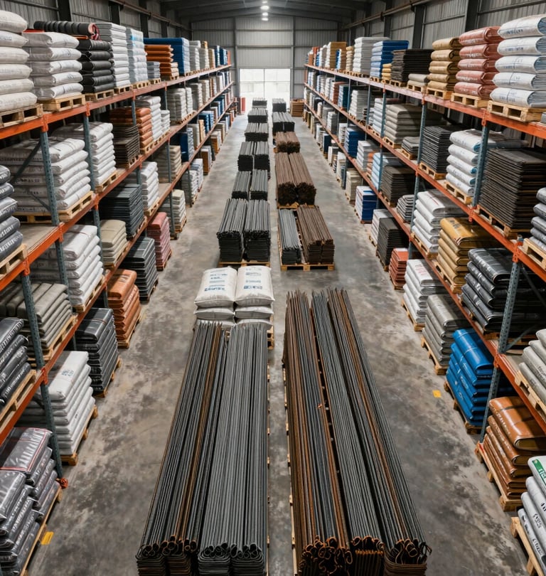 Wide environmental shot inside a large industrial warehouse, floor-to-ceiling steel shelving stacked with pallets of bundled rebar, bagged cement, and roofing rolls, overcast overhead warehouse lighting casting even shadowless illumination across the full inventory depth, bird's-eye perspective showing organized pallet grid lanes extending far into background