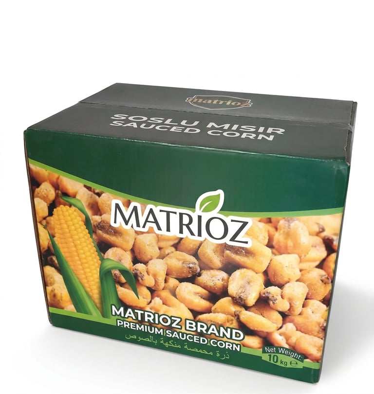A bulk 10kg box of Matrioz brand premium sauced roasted corn kernels on a white background.