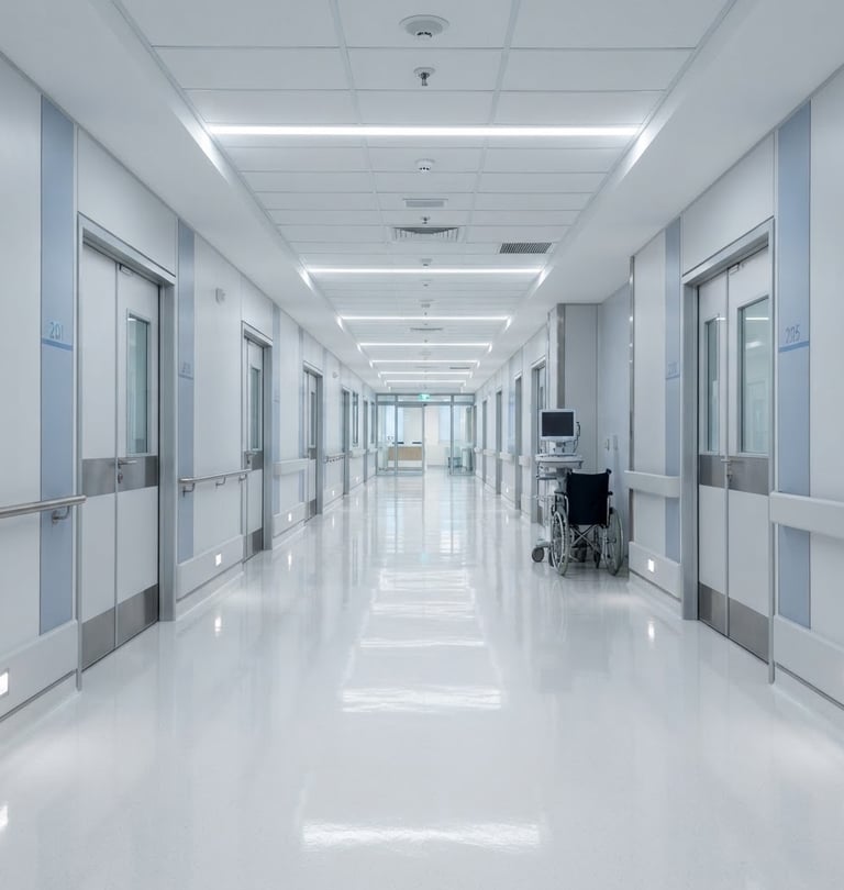 Crisp architectural photography of a bright, sterile medical corridor, cool daylight, sharp linear perspective, immaculate reflective floors, blue and white tones.