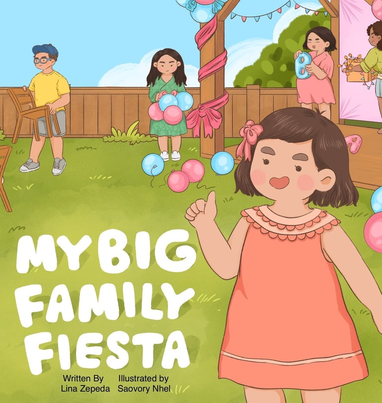 My Big Family Fiesta book cover with young girl greeting readers and family preparing for a party