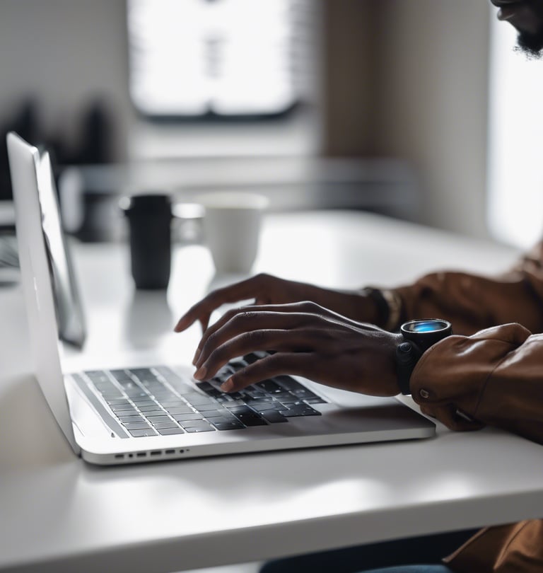 person using macbook pro on black table