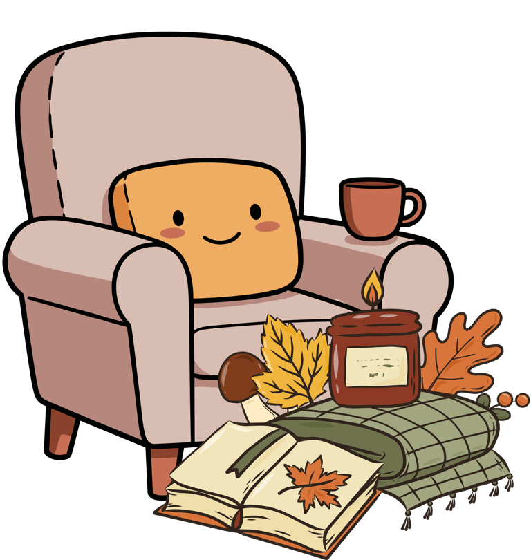 a chair with a cup of coffee and a book