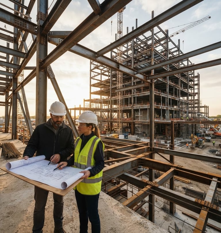 Wide architectural shot of a modern construction site at golden hour, focus on a detailed steel beam structure, with project managers reviewing blueprints in the foreground, bright natural daylight, warm sand and slate tones, sharp focus, 35mm lens