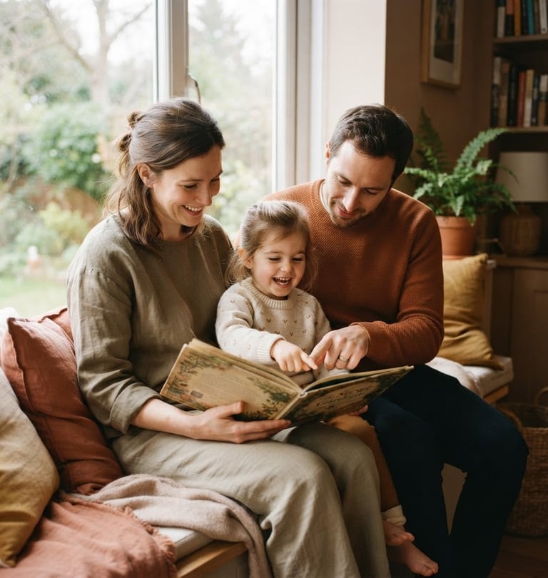 Warm family in a comfortable home setting, parents and child looking at a book together, soft natural daylight, muted earth tones, authentic candid moments.