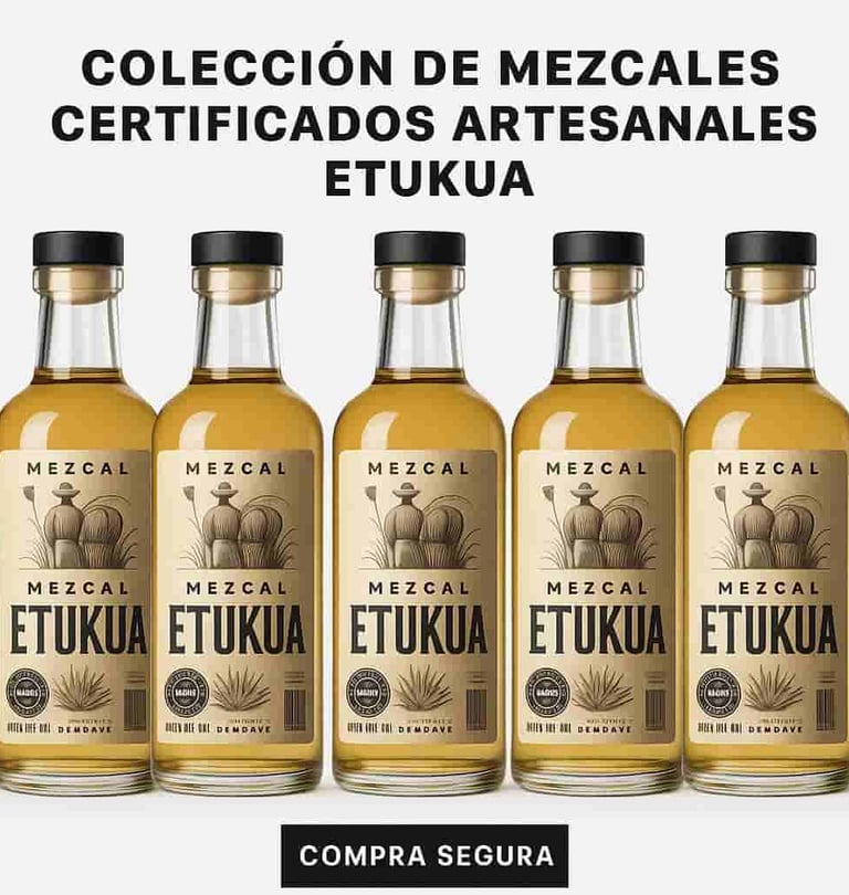  Diferentes botellas de mezcal artesanal Etukua alineadas, mostrando sus etiquetas y certificaciones