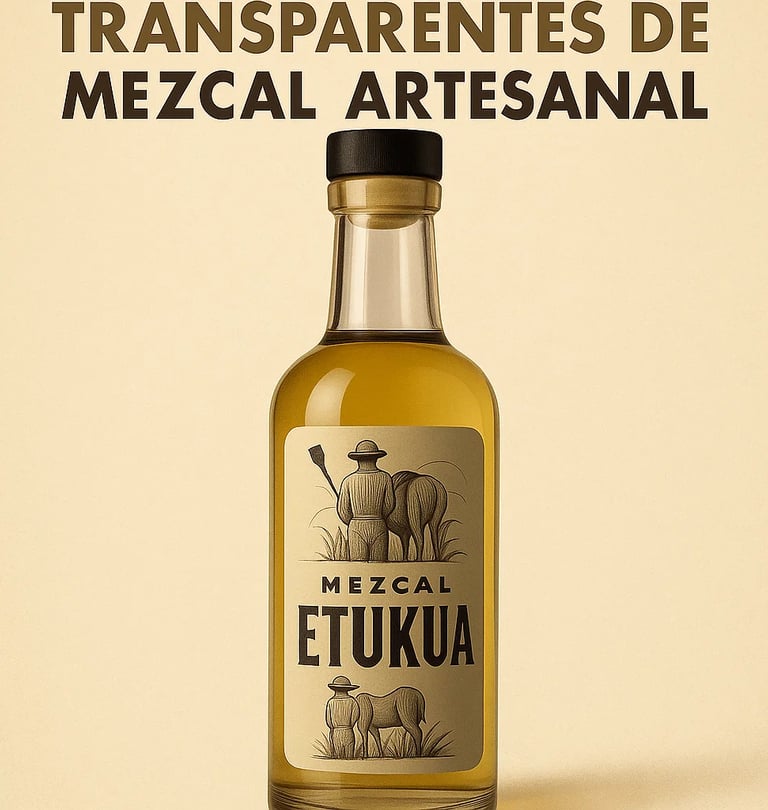  Botella de mezcal artesanal con etiqueta detallada mostrando proceso de elaboración transparente