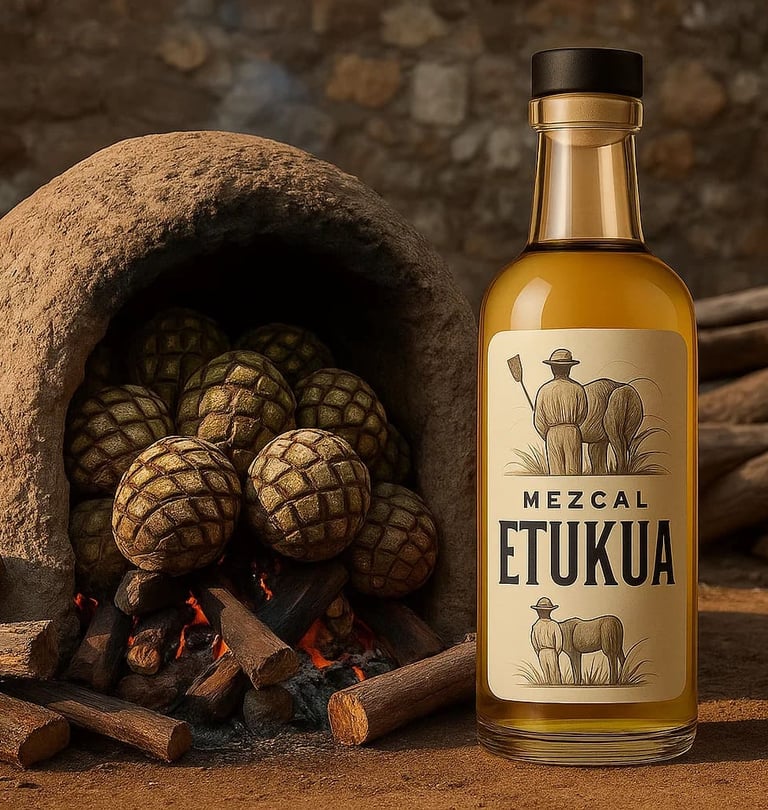 Horno de tierra tradicional con piñas de agave listas para cocción