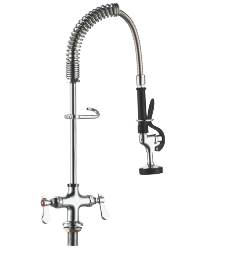 Commercial kitchen wall mount Pre-Rinse Taps and Faucets unit with spring hose.