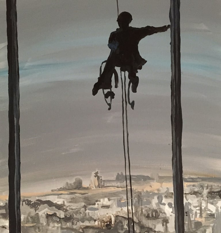 a painting of a man hanging from a rope