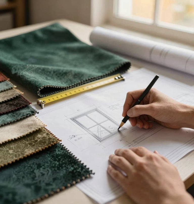 Architect's hands sketching a window design on a blueprint, with luxurious fabric swatches and a measuring tape nearby, soft golden-hour light, shallow depth of field, architectural studio setting.