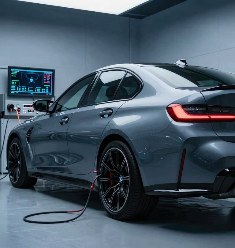 Low-angle shot of a premium German car (BMW M3) parked in a clean, modern workshop bay, diagnostic cables connected, screen displaying live telemetry data, cool blue ambient lighting.