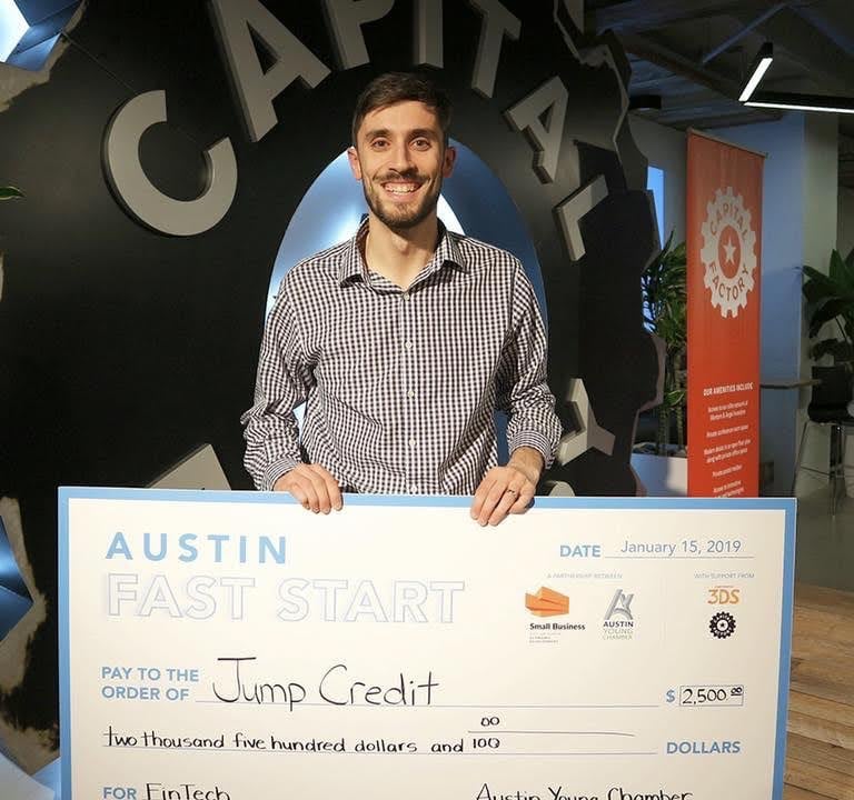Jump Finance founder John William Meyer accepting the Austin Fast Start first prize, Capital Factory