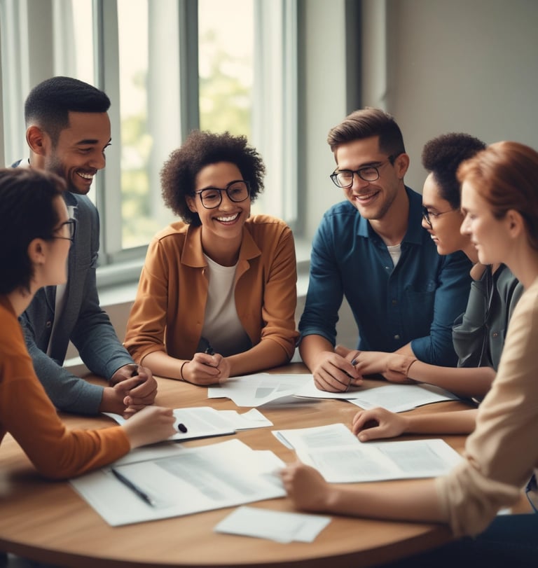 a group of people sitting around a table with papers and papers