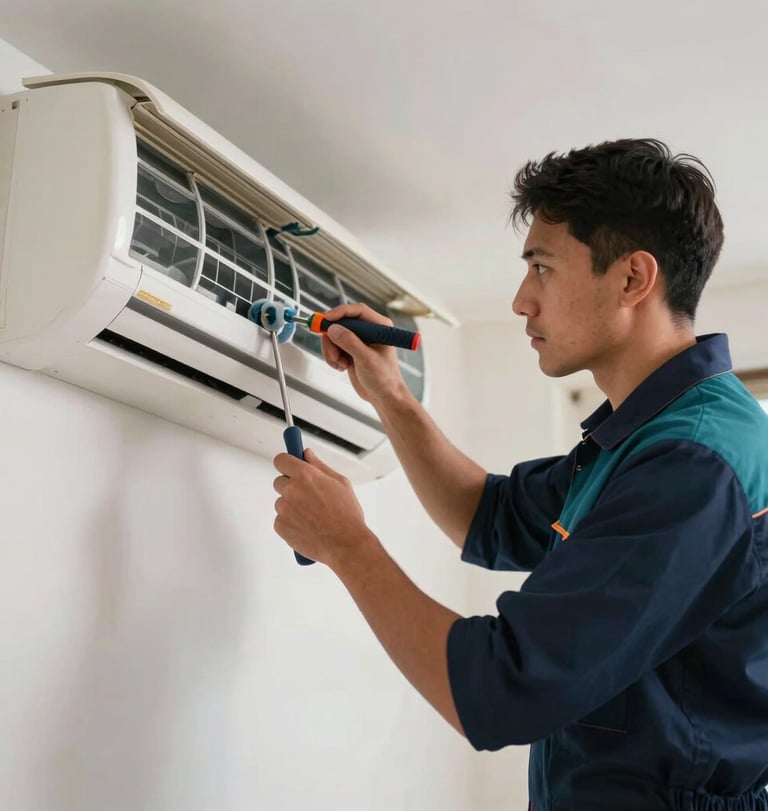 A technician wearing a dark blue and teal uniform carefully cleaning the indoor unit of a split system air conditioner in a modern Colombian living room, sharp focus on the professional tools.