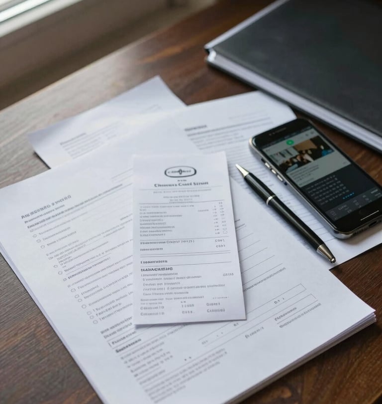 Overhead view of a desk with organized paperwork, printed bank transfer receipts, a smartphone showing a screenshot, and a pen resting beside a folder, soft natural window light from the upper left