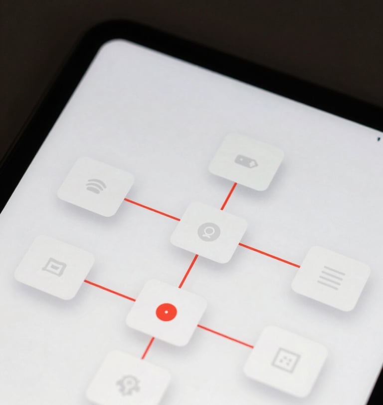 Close-up of a minimal app screen displaying a branching career pathway map with connected nodes and red accent lines indicating unlocked steps, floating card UI elements, clean white background, soft studio lighting