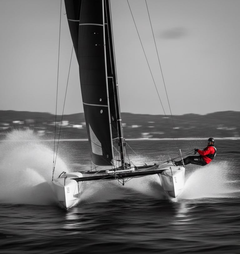 a man in a red jacket is riding a sailboat