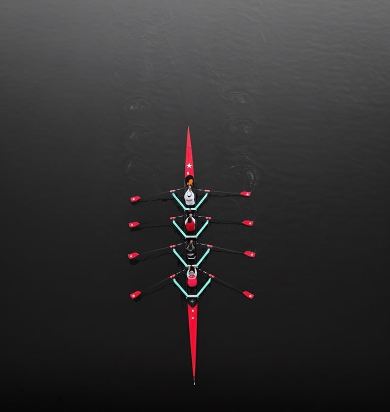 a group of people rowing a boat in unison in the water