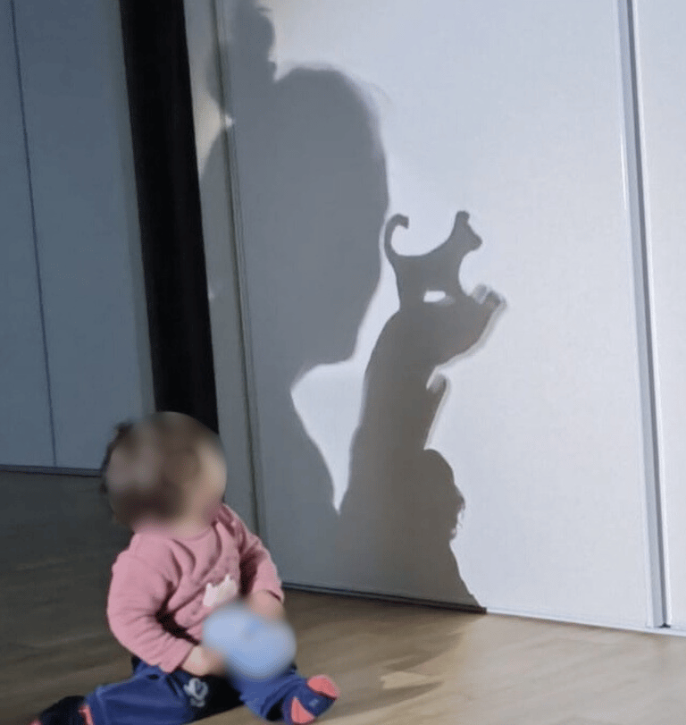 Un enfant se retourne pour observer les ombres sur le mur. "Les petites lumières du ciel"