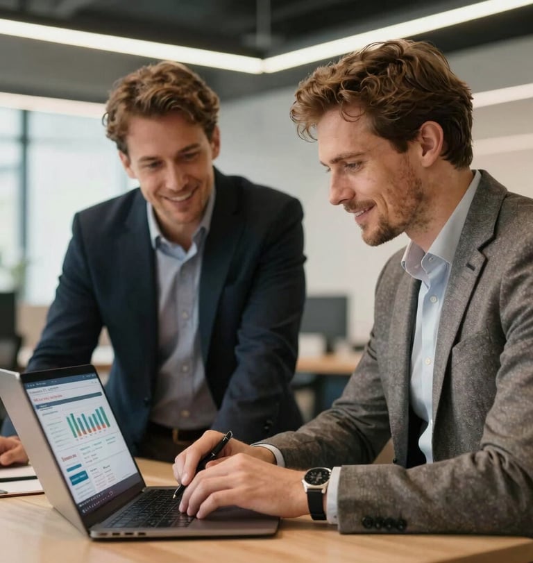 Professional photoshoot in Munich of two IT consultants in smart-casual business wear analyzing a website traffic report on a laptop, friendly and focused, modern office background, warm bright lighting.