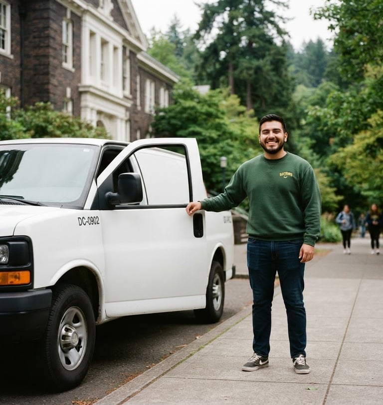Daniel Cendejas, a young Mexican-American man, smiling and confidently standing beside a clean moving truck, in front of a University of Oregon building, soft Pacific Northwest daylight, forest green and white tones, natural depth of field, 35mm