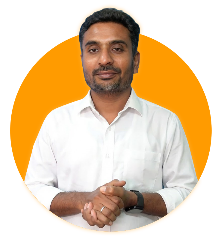 Professional portrait of a bearded man in a white dress shirt against a bright orange circular background.