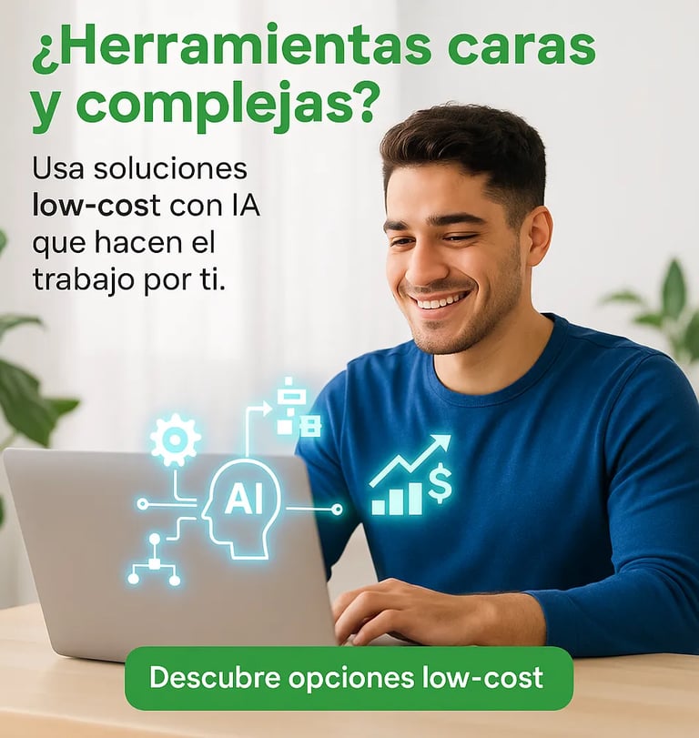 Emprendedor usando herramientas low-cost con IA para automatizar su negocio.