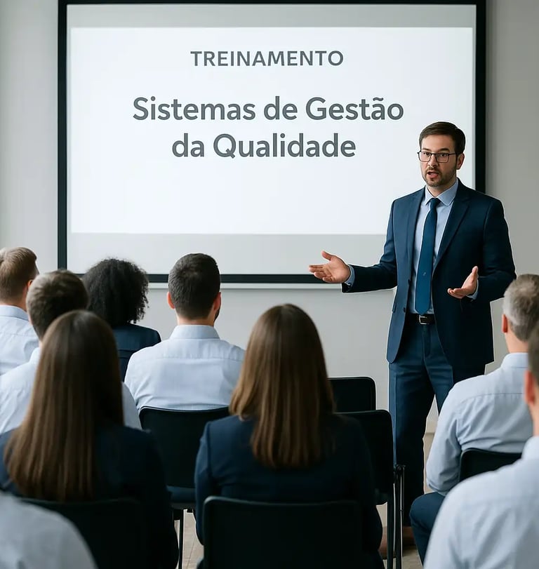 um homem de terno e gravata está em pé na frente de uma apresentação