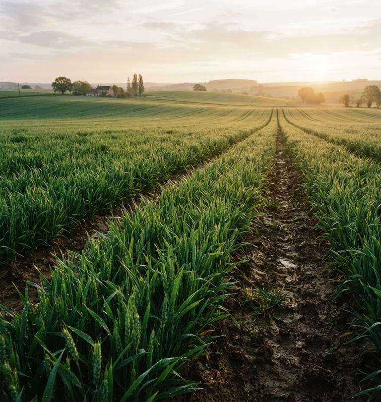 Vue panoramique d'un champ de cultures saines et luxuriantes au lever du soleil, avec un sol riche et sombre visible, lumière naturelle du jour, tons verts profonds et bruns de terre, faible profondeur de champ
