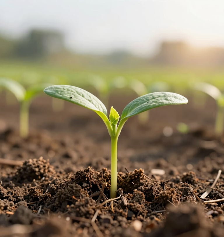 A bright close-up shot of a healthy green crop seedling bursting with life from fertile soil in a sunny modern farm in the South Asian / Indian region, symbolizing rapid germination and growth, warm sunlight casting long soft shadows.