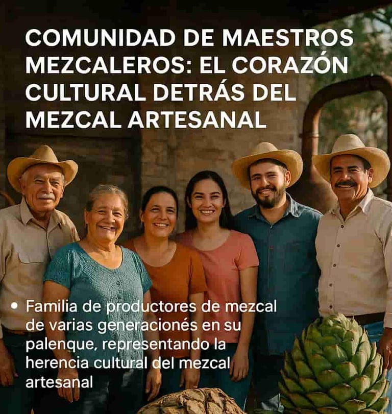 Familia de productores de mezcal de varias generaciones en su palenque, representando la herencia 