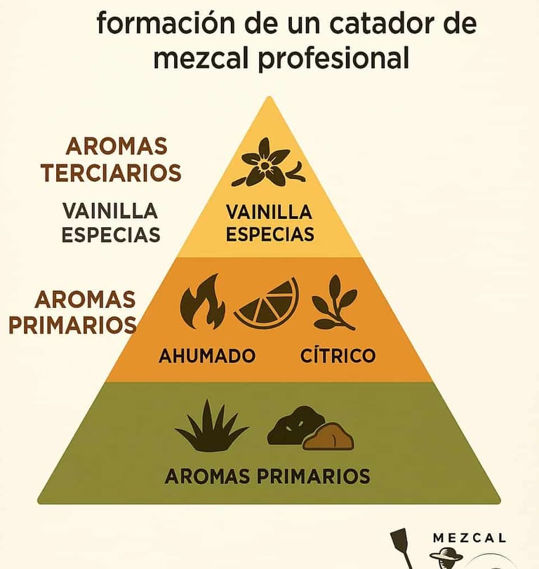 Pirámide infográfica que muestra los niveles de aromas y sabores en la formación de un catador de me