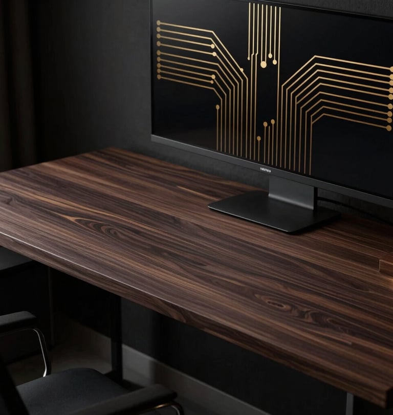 Minimalist high-end workspace with a dark walnut wood desk, modern hardware, subtle warm ambient lighting, and abstract gold circuit patterns on a screen
