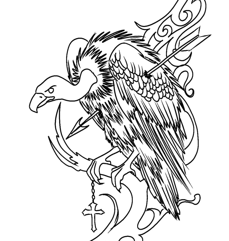 Vulture tattoo line art design featuring a bird pierced by an arrow and holding a rosary cross.