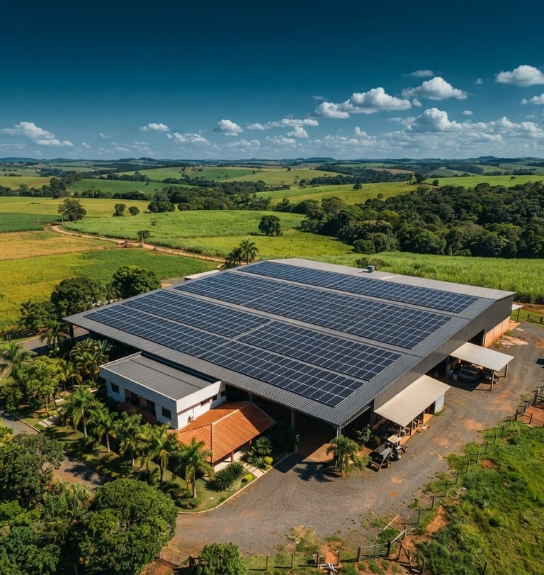 Wide environmental shot of a large solar panel array installed on a rural property rooftop in Brazil, natural daylight, deep blue sky, agricultural landscape in the background, crisp corporate photography, 35mm, no people, no installation crew