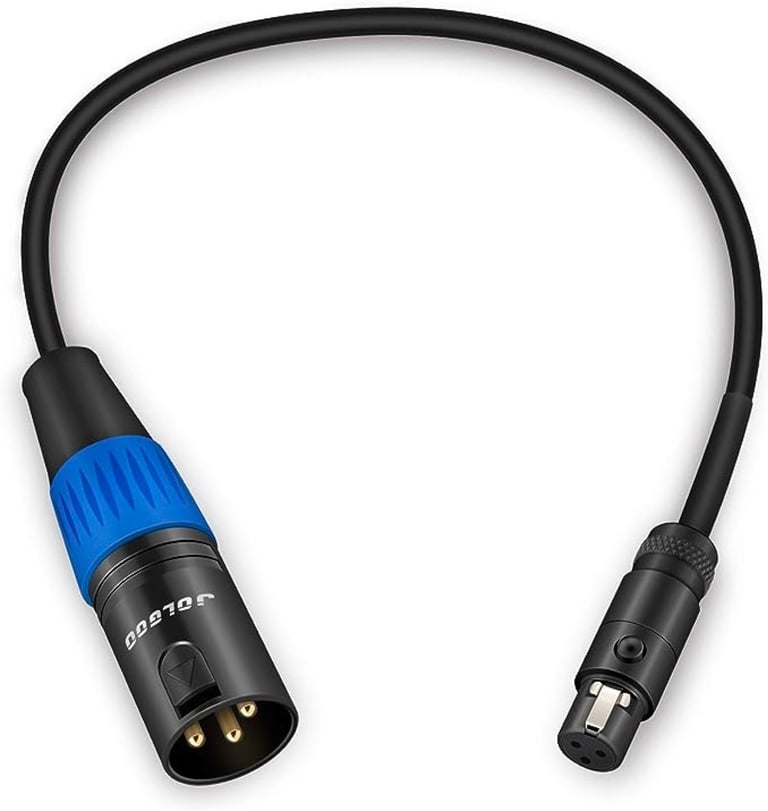 a pair of cables with a blue and black cable XLRm to TA3f
