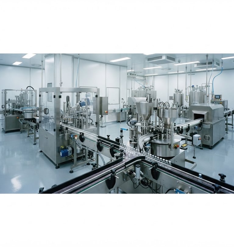 Wide panoramic view of a sterile pharmaceutical cleanroom, automated stainless-steel manufacturing lines, bright high-key laboratory lighting, no visible humans, sharp macro focus, 35mm