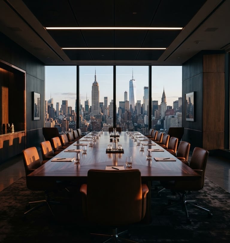 Wide shot of a modern, elegant corporate boardroom with high-contrast architectural lighting and deep shadows, a large polished dark wood table, and a view of a city skyline through large windows, 35mm.