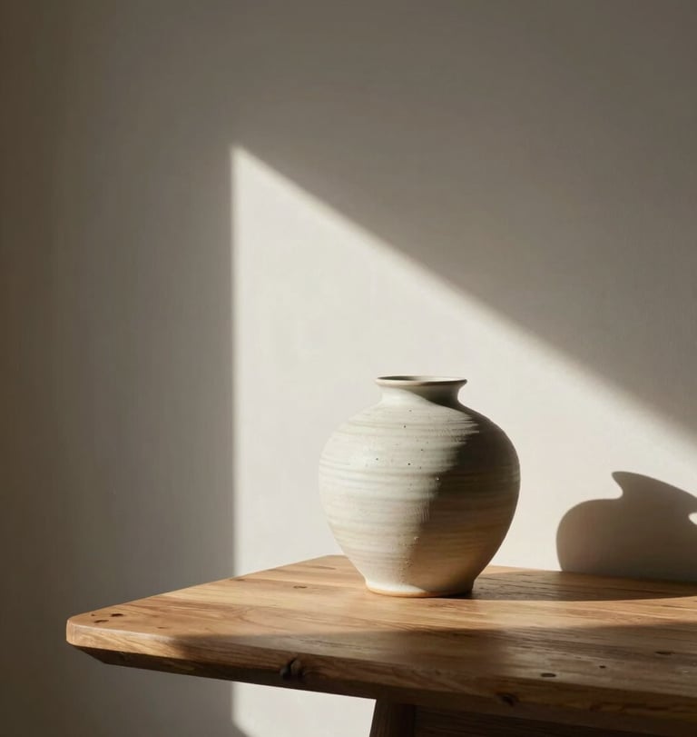 A quiet, light-filled modern domestic interior, soft shadows, a ceramic vase on a wooden table, elegant minimalist atmosphere.