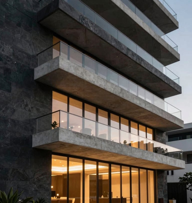 An impressive luxury residential building exterior designed with avant-garde architectural style in Mexico / Latin America. Clean lines, cantilevered concrete balconies, dark charcoal stone walls, and warm ambient interior lighting visible through floor-to-ceiling glass paneling.