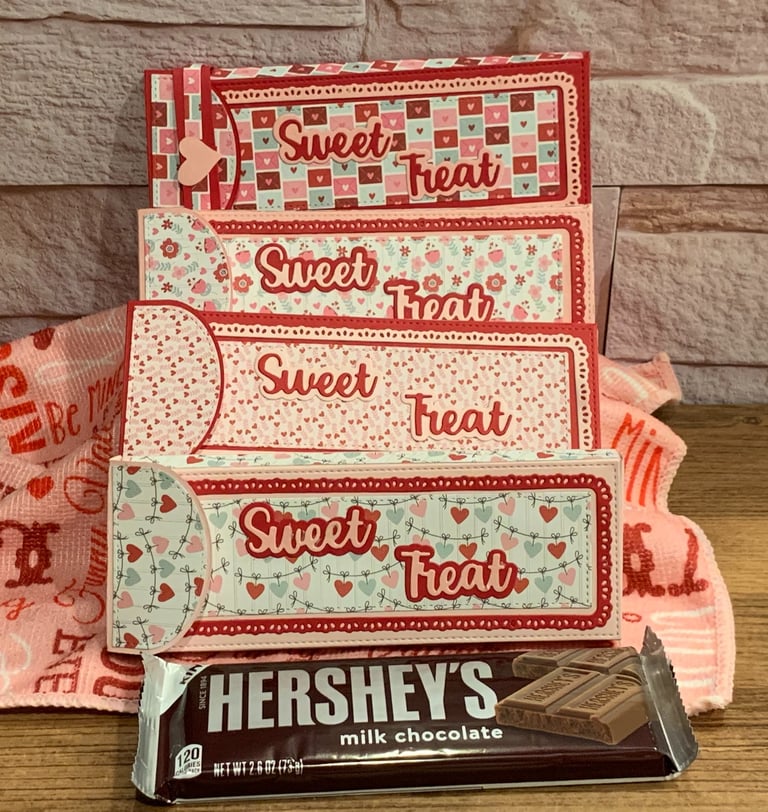 Valentine-themed chocolate bar holders made with Scrap Diva Designs dies