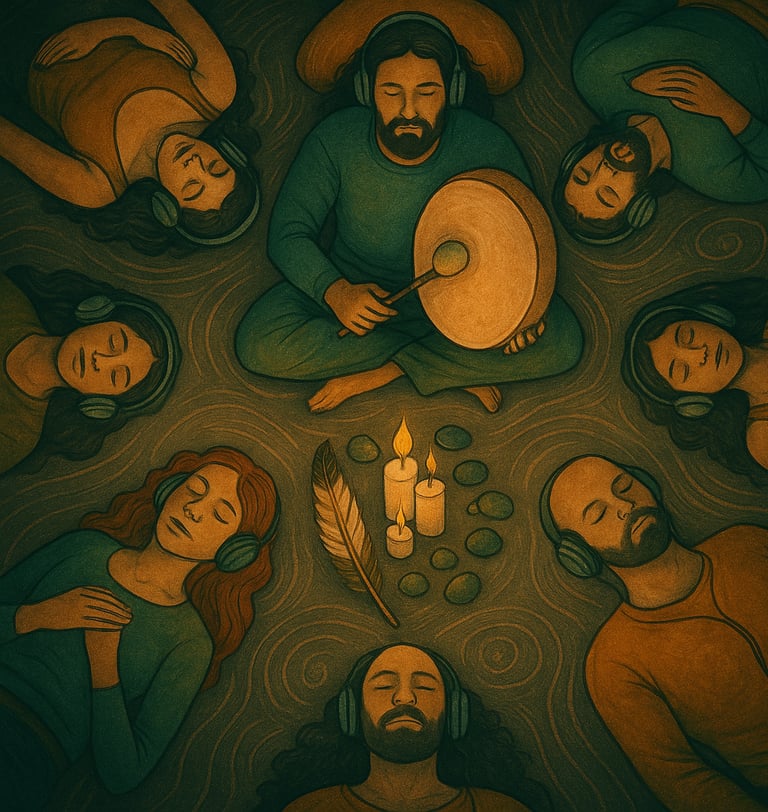 Breathwork session art image with shamanic drumming laying in a circle