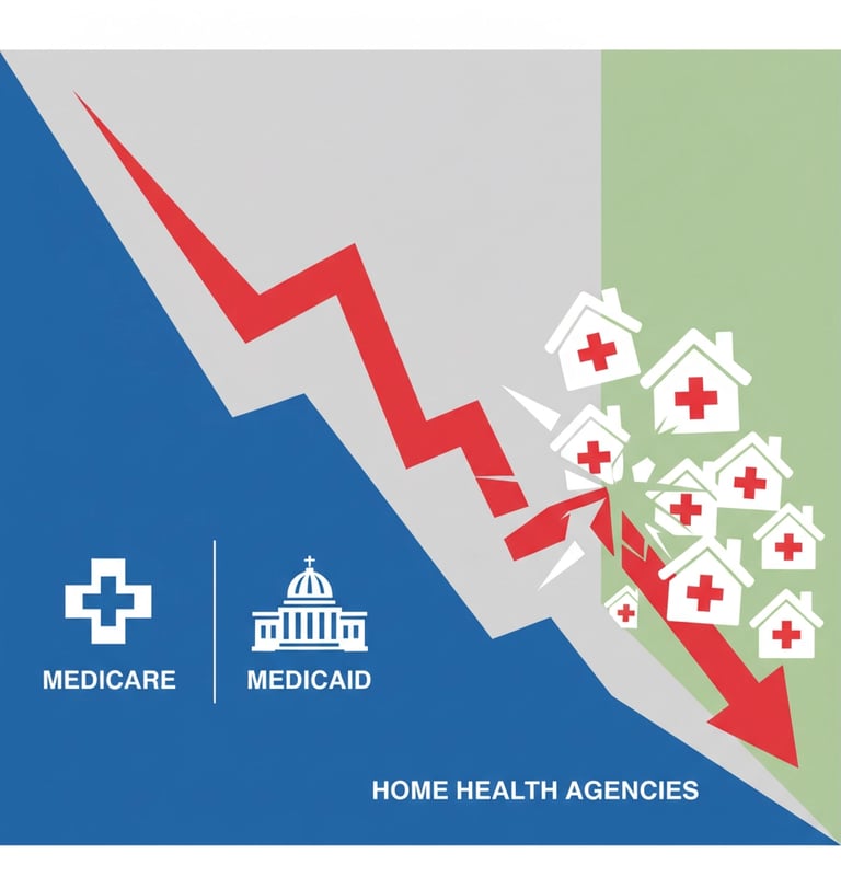 Graph showing declining Medicare and Medicaid reimbursement rates with downward trending arrows and 