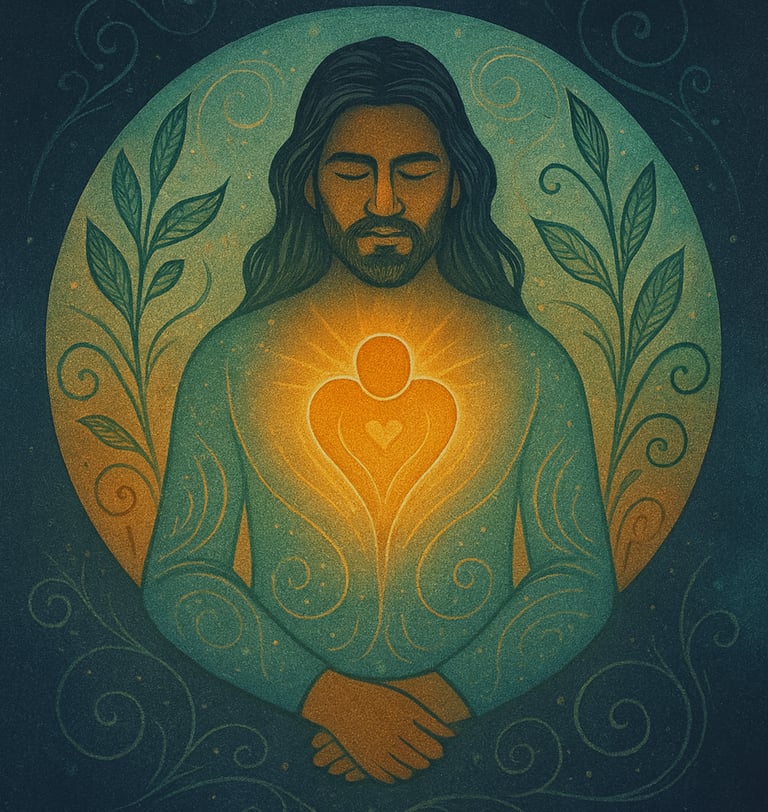 Man in contemplative pose with eyes closed - hands folded, heart in chest radiant