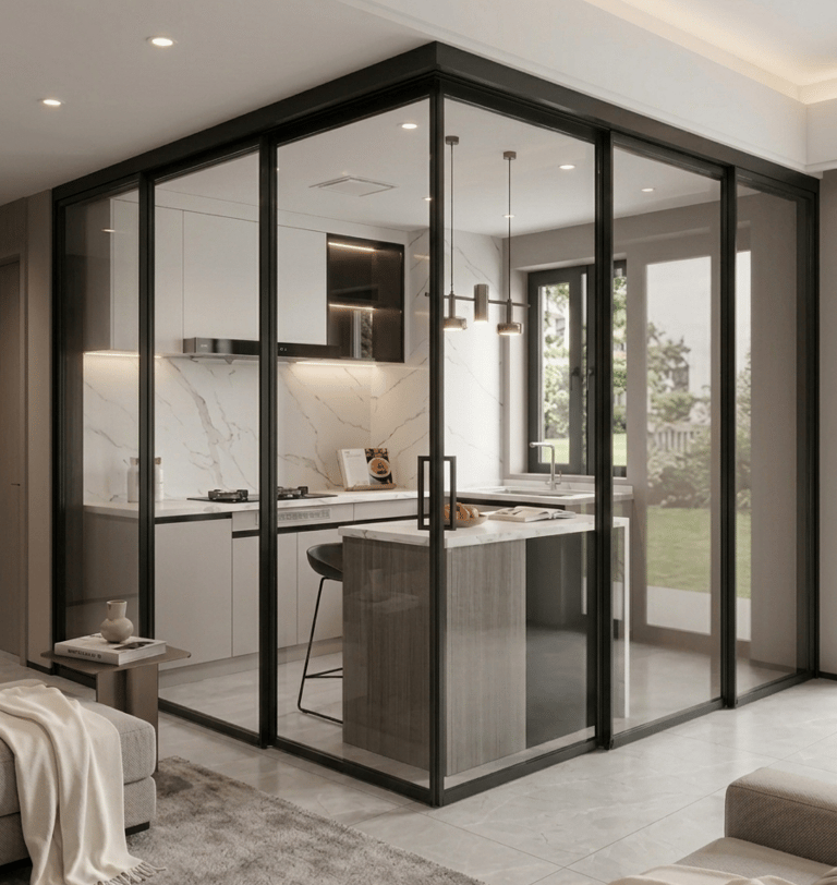 Corner Sliding Partition,Modern kitchen enclosed in glass sliding doors with black frames
