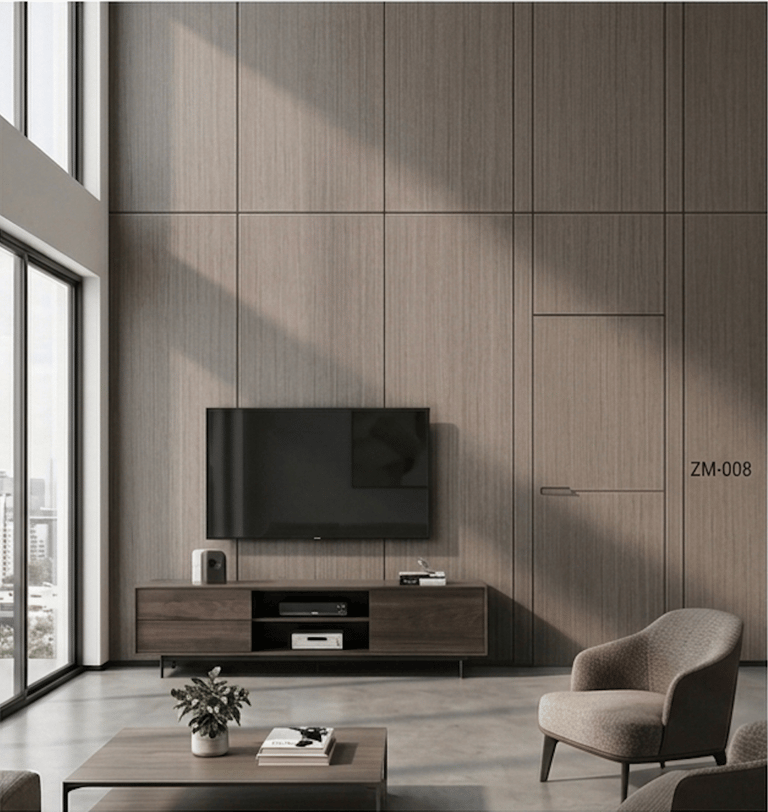 Modern minimalist living room featuring a vertical wood slat accent wall with a hidden door and wall-mounted TV.
