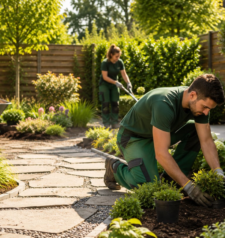 Professional landscaping team planting shrubs and hauling soil for a backyard garden renovation.