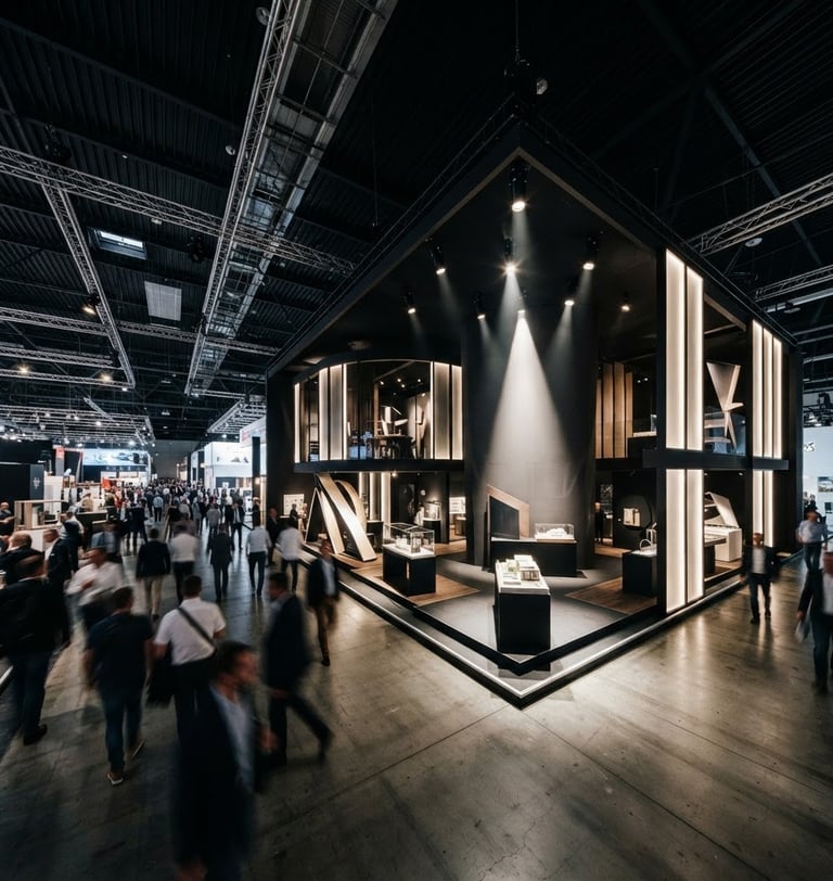 Wide panoramic view of a modern, high-contrast exhibition stand in a busy trade fair hall, dramatic spotlighting on structural details, clean lines, wide-angle lens, off-center subject to the right.