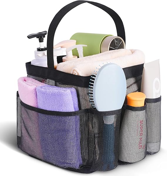 Black mesh shower caddy with 8 side pockets and reinforced Oxford fabric base, portable 