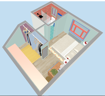 3d view of loft bedroom floor plan with eaves wardrobe and small shower